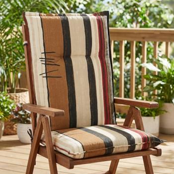 Preview: lot de 2 coussins élégants à rayures pour fauteuils de jardin, tons terre, 123x50x6 cm - Design élégant pour des heures de confort sur votre chaise de jardin