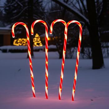 Preview: LED-Gartenstecker Zuckerstange 8er-Set - fröhliche Weihnachts-Gartendeko für Aussenbereich - Batteriebetrieben mit Timer - H 74 cm rot-weiss PP
