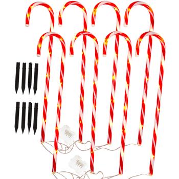 Preview: LED-Gartenstecker Zuckerstange 8er-Set - fröhliche Weihnachts-Gartendeko für Aussenbereich - Batteriebetrieben mit Timer - H 74 cm rot-weiss PP