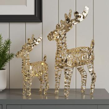 set of 2 LED reindeer with micro LEDs, gold-colored, 2 sizes