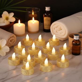 12x LED tea lights (gold glitter, 3.8x4cm): Flickering, warm white - for decoration, wedding, Christmas - Atmospheric + safe