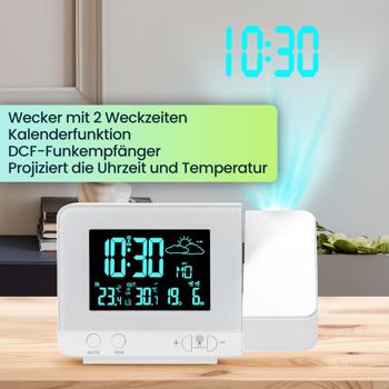 Preview: 2-in-1 Projektionswecker & Funk-Wetterstation mit USB-Port – Wecker mit Aussensensor, projiziert Uhrzeit in 8 Farben an Wand & Decke