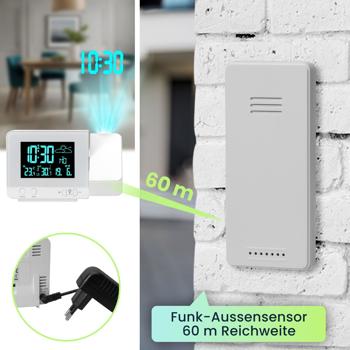 Preview: 2-in-1 Projektionswecker & Funk-Wetterstation mit USB-Port – Wecker mit Aussensensor, projiziert Uhrzeit in 8 Farben an Wand & Decke