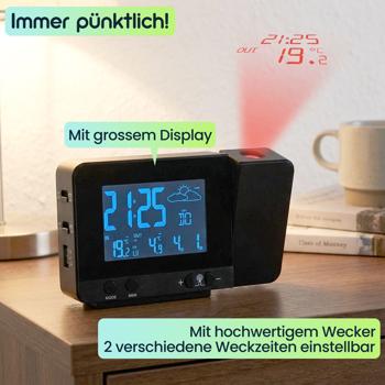Preview: Projektions-Wecker mit Funk-Wetterstation, USB-Port, Aussensensor, schwarz, Zeitanzeige, Kalender, Temperaturanzeige Innen und Aussen