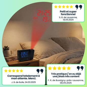 Preview: Réveil à Projection Météo - Heure/Température Int/Ext, Calendrier, Port USB - Capteur Extérieur 60m, Radio-piloté, Noir