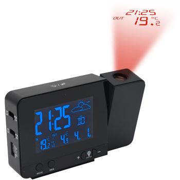 Preview: Réveil à Projection Météo - Heure/Température Int/Ext, Calendrier, Port USB - Capteur Extérieur 60m, Radio-piloté, Noir