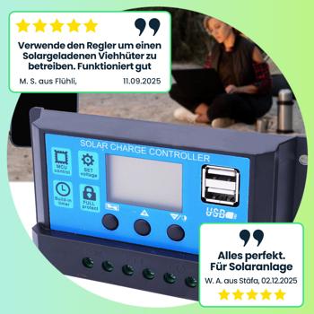 Preview: Solar-Laderegler 20A für 12/24-V-Akkus inkl. 2 USB Ports und LCD Display, PWM Lademodus, sorgt für optimalen Ladestrom aus Solar Panels 