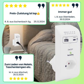 Preview: 3er-Set Steckdose mit 2x USB-Ladeport (3.1A) - Timer & Überspannungsschutz - Schweizer Edition, Kinderschutz, max. 2300W/10A Preview: 3er-Set Steckdose mit 2x USB-Ladeport (3.1A) - Timer & Überspannungsschutz - Schweizer Edition, Kinderschutz, max. 2300W/10A