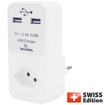 Preview: set di 2 prese di corrente con 2x porta di ricarica USB Protezione da sovratensione da 2,4A, edizione svizzera
