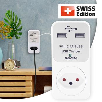 Preview: set di 2 prese di corrente con 2x porta di ricarica USB Protezione da sovratensione da 2,4A, edizione svizzera