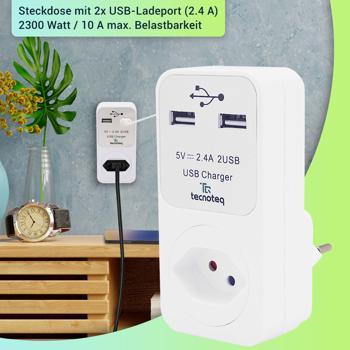 Preview: 2er-Set Schweizer USB-Steckdose mit 2x USB-Ladeport 2.4A - Überspannungsschutz und Kindersicherung - Ideal für Smartphones & Tablets - Max. 2300W/10A