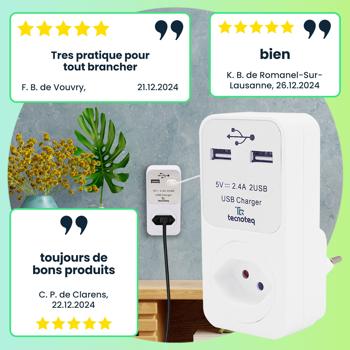 Preview: Multiprises murales (Lot de 2) - Chargeur USB-A 2,4A avec 2 ports - Protection surtension & sécurité enfant - Swiss Edition