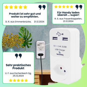 Preview: 3er-Set Schweizer Steckdose - 2x USB-Ladeport 2.4A - Überspannungsschutz, Kindersicherung, 2300W/10A - Für Smartphone, Tablet & mehr