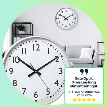 Preview: Elegante Wanduhr (38cm, silber-weiß) mit leisem Präzisions-Quarzuhrwerk – Zeitloses Design für Wohnzimmer, Küche & Büro