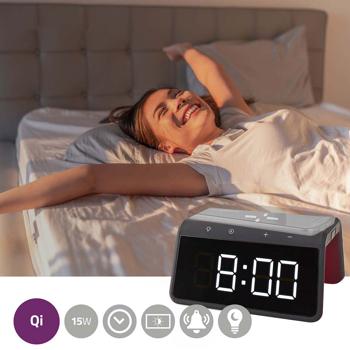 Preview: Wecker mit kabelloser Ladestation - Nachtlicht 8 Farben & Qi-Ladefunktion für Handy - USB-A-Anschluss, 2 Alarmzeiten, dimmbares Display, schwarz Preview: Wecker mit kabelloser Ladestation - Nachtlicht 8 Farben & Qi-Ladefunktion für Handy - USB-A-Anschluss, 2 Alarmzeiten, dimmbares Display, schwarz
