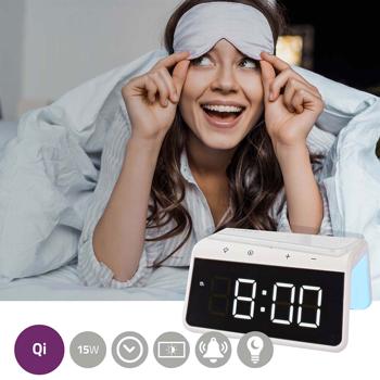 Preview: Wecker mit kabelloser Ladestation - Qi-Laden, Nachtlicht & USB-A-Anschluss - Dimmbares Display, 2 Alarme, 15W Schnellladefunktion, weiss (ABS) Preview: Wecker mit kabelloser Ladestation - Qi-Laden, Nachtlicht & USB-A-Anschluss - Dimmbares Display, 2 Alarme, 15W Schnellladefunktion, weiss (ABS)