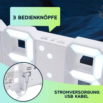 Preview: Moderne digitale 3D LED-Tisch- & Wanduhr mit Wecker, 7-Segment-Ziffern, dimmbar, zum Aufstellen oder Aufhängen, 21,5 x 7,3 cm, weiss