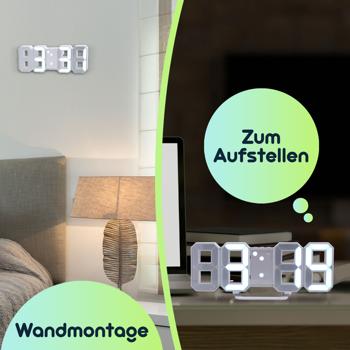 Preview: Moderne digitale 3D LED-Tisch- & Wanduhr mit Wecker, 7-Segment-Ziffern, dimmbar, zum Aufstellen oder Aufhängen, 21,5 x 7,3 cm, weiss
