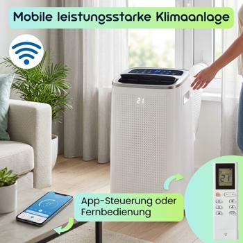 Preview: Mobile 14.000 BTU Klimaanlage - weiss, Top Kühlung & Entfeuchtung mit App-Steuerung - Leistungsstarkes und flexibeles Klimagerät auf Rollen