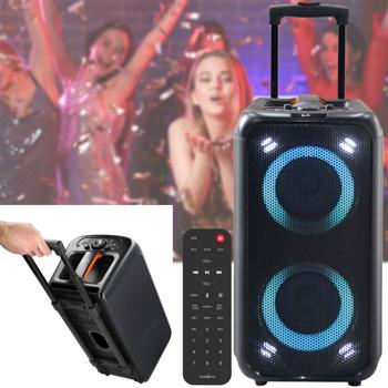 Enceinte sono portable Bluetooth - Éclairage RGB, mode stroboscopique, entrée micro/guitare - 2 subwoofers 5.25", 2 tweeters 2", autonomie 5h, trolley