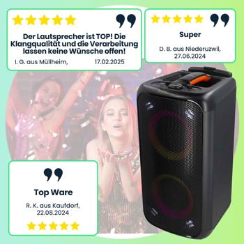 Preview: Hochwertiger grosser Bluetooth Lautsprecher mit Beleuchtung, Subwoofer und Mikrofon-/Gitarreneingang, Karaoke Box, Kabelloser Trolley-Lautsprecher, AUX, USB