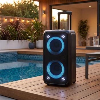 High-quality large Bluetooth speaker with lighting, subwoofer and microphone/guitar input, karaoke box, wireless trolley speaker, AUX, USB
