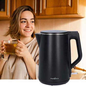 Preview: Bouilloire électrique double paroi 1,5L noire - Garde l‘eau chaude plus longtemps - Socle 360°, filtre anti-calcaire, protection ébullition à sec, 220-240V