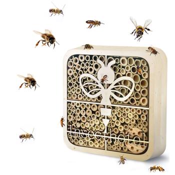 Preview: High-quality insect hotel “Bee“, child-friendly, natural wood, 20 x 20 x 7 cm, provides a safe home for wild bees, bumblebees & co