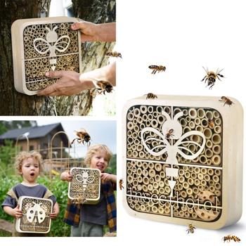 Preview: set of 2 high-quality insect hotel “Bee“, child-friendly, natural wood, 20 x 20 x 7 cm, provides a safe home for wild bees, bumblebees & co