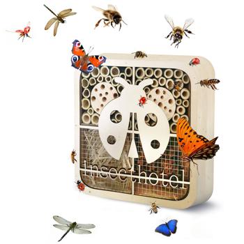 Preview: 2er-Set Einzigartiges Marienkäfer-Insektenhotel, Naturholz, 20x20x7cm – kinderfreundliches & originelles Design, liebevolles Zuhause für Nützlinge