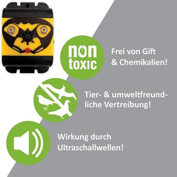 Preview: Mobiler Ultraschall-Vogelvertreiber, 40m², Vogelschreck, originelles Design, gelb-schwarz, inkl. Batterien, effektive Vogelabwehr Preview: Mobiler Ultraschall-Vogelvertreiber, 40m², Vogelschreck, originelles Design, gelb-schwarz, inkl. Batterien, effektive Vogelabwehr