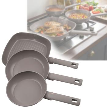 Set 3 Poêles Design Taupe - Frire Ø20+24cm - Griller Ø28cm - Induction, Titane, Aluminium Forgé, Soft-Touch - Sans PFOA Plomb Cadmium
