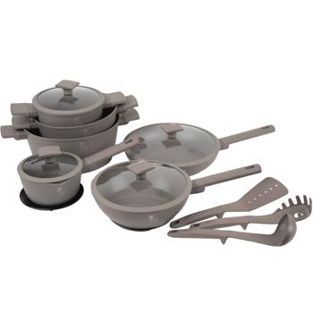 Preview: Set de cuisine design 15 pièces - Revêtement titane antiadhésif 3 couches & ustensiles inclus - Compatible tous feux induction - Taupe