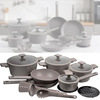 Hochwertiges Design Kochset m. Titanbeschichtung inkl. Kochbesteck, Untersetzer, Glasdeckel, Soft Touch Griffe, 15-teilig, taupe