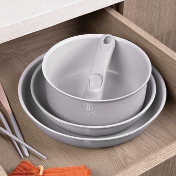 Preview: Hochwertiges Aluminium Pfannen-Set, 9-teilig, Taupe, Titanbeschichtung – Abnehmbarer Griff, Smart Lids & Glasdeckel, elegantes Design