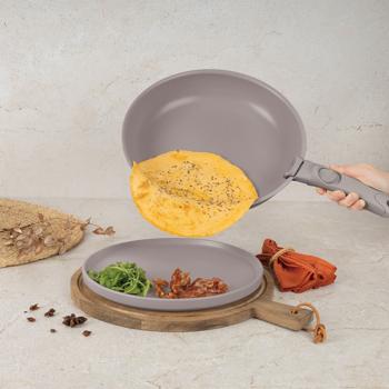 Preview: 5 pan cooking set with titanium coating, elegant taupe - Forged aluminum, smart lids & glass lid, durable & robust