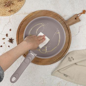 Preview: 5 pan cooking set with titanium coating, elegant taupe - Forged aluminum, smart lids & glass lid, durable & robust