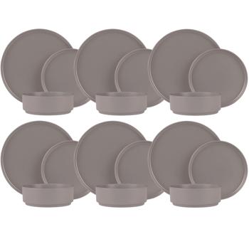 Preview: 18-tlg. Steingut Design Geschirrset, Stapelbar, Taupe Matt: Speise-, Dessertteller, Schalen, edles & platzsparendes Tafelservice, modern und stilvoll