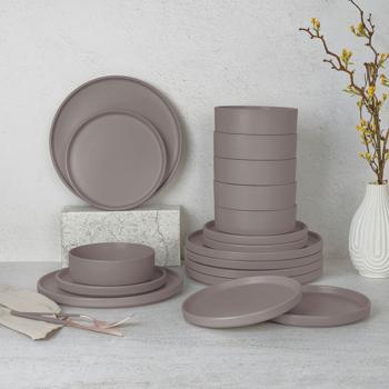 Preview: 18-tlg. Steingut Design Geschirrset, Stapelbar, Taupe Matt: Speise-, Dessertteller, Schalen, edles & platzsparendes Tafelservice, modern und stilvoll