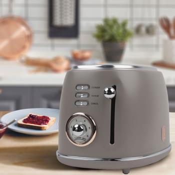 Preview: Edler Aluminium Design Toaster, taupe matt, starke 850W – 6 Röststufen, nostalgischer Look, hochwertiger Frühstücks-Toaster
