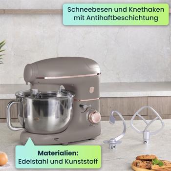 Preview: Vintage Küchenmaschine inkl. Fleischwolf u. Wurstfüller, Smoothie- u. Pasta-Aufsätze, angenehme 5,5 l Rührschüssel, 1500W, taupe