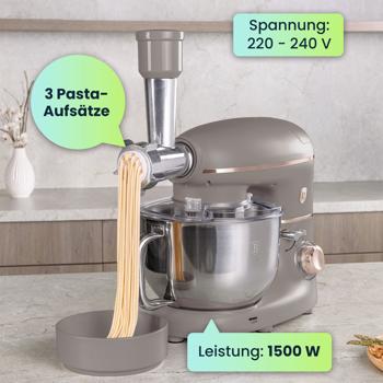 Preview: Vintage Küchenmaschine inkl. Fleischwolf u. Wurstfüller, Smoothie- u. Pasta-Aufsätze, angenehme 5,5 l Rührschüssel, 1500W, taupe