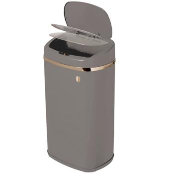 Preview: Poubelle Design Haut de Gamme en Métal - Capteur Tactile Automatique & Hygiénique - 58 Litres - Taupe Mat & Or - Cadre Solide - Pour Sacs 60L