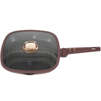 Preview: Designer grill pan, 28 cm, bordeaux/rose gold - titanium coating, glass lid, aluminum, PFOA-free, high-quality finish 