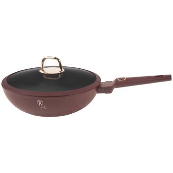 Preview: Design Wokpfanne mit Glasdeckel, 28cm, bordeaux: Antihaft, robust & stilvoll kochen, für gesundes & aromatisches Braten