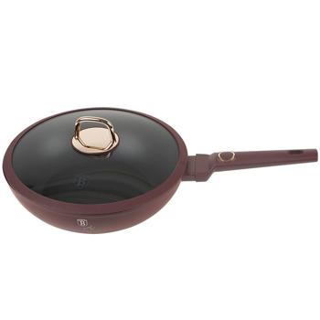 Preview: Design Wokpfanne mit Glasdeckel, 28cm, bordeaux: Antihaft, robust & stilvoll kochen, für gesundes & aromatisches Braten