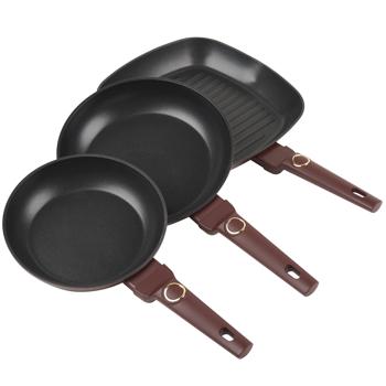 Preview: 3-piece design pan set (bordeaux) - Frying pans 20+24cm, grill pan 28cm - Forged aluminum, titanium, soft-touch - High-quality & robust