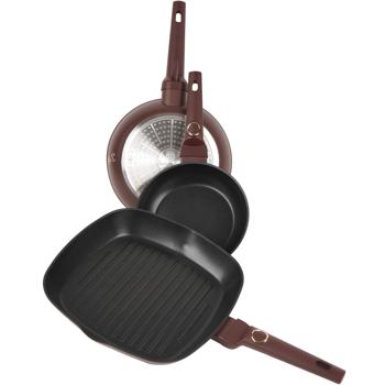 Preview: 3-piece design pan set (bordeaux) - Frying pans 20+24cm, grill pan 28cm - Forged aluminum, titanium, soft-touch - High-quality & robust