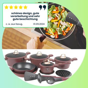 Preview: Hochwertiges Design Kochset m. Titanbeschichtung inkl. Kochbesteck, Untersetzer, Glasdeckel, Soft Touch Griffe, 15-teilig, bordeaux