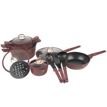 Preview: Set de cuisson design 15 pièces - Revêtement triple titane anti-adhésif - Compatible induction, sans PFOA - Poêles, casseroles, ustensiles inclus